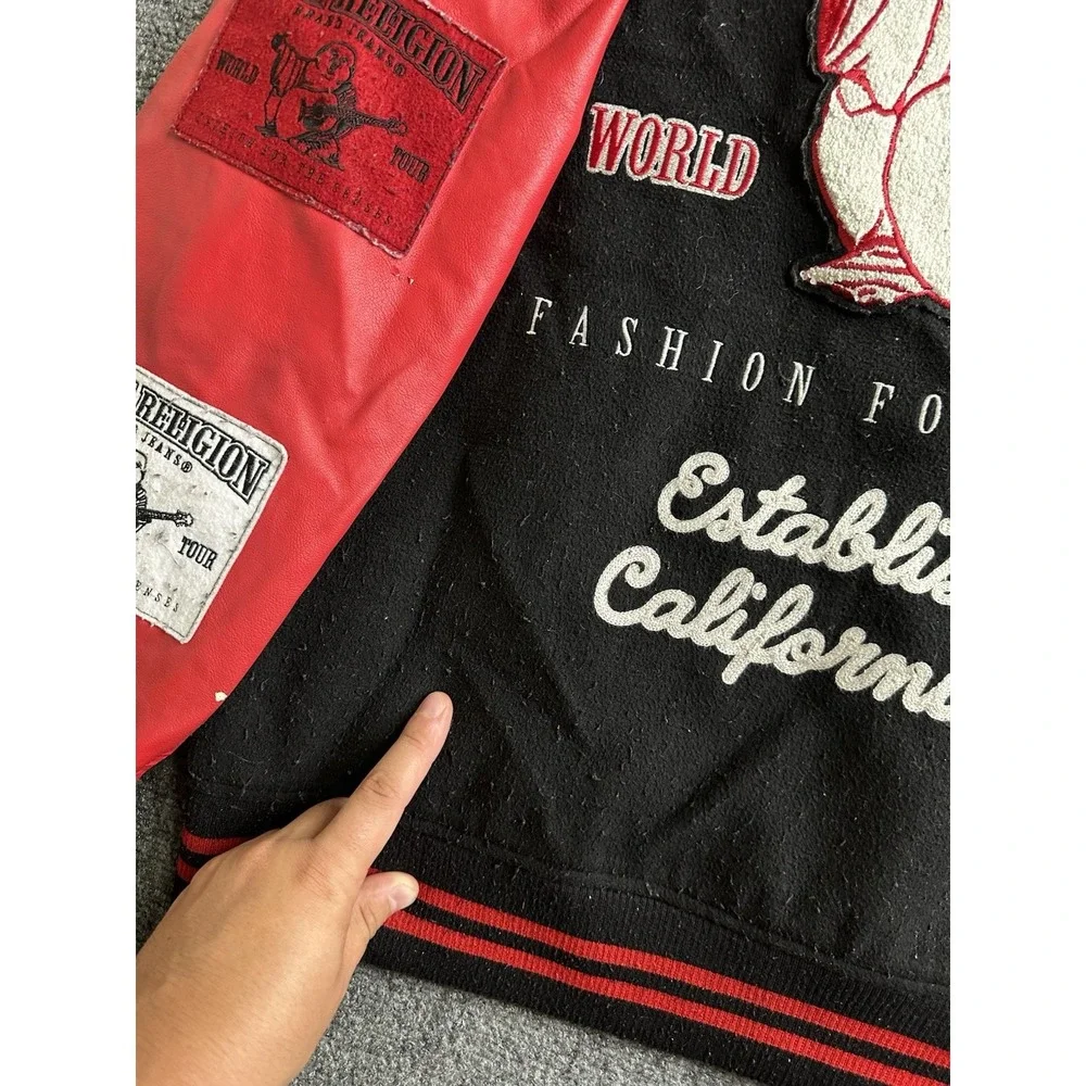Mens True Religion World Tour Varsity Jacket Black Red Patches, Size 2XL